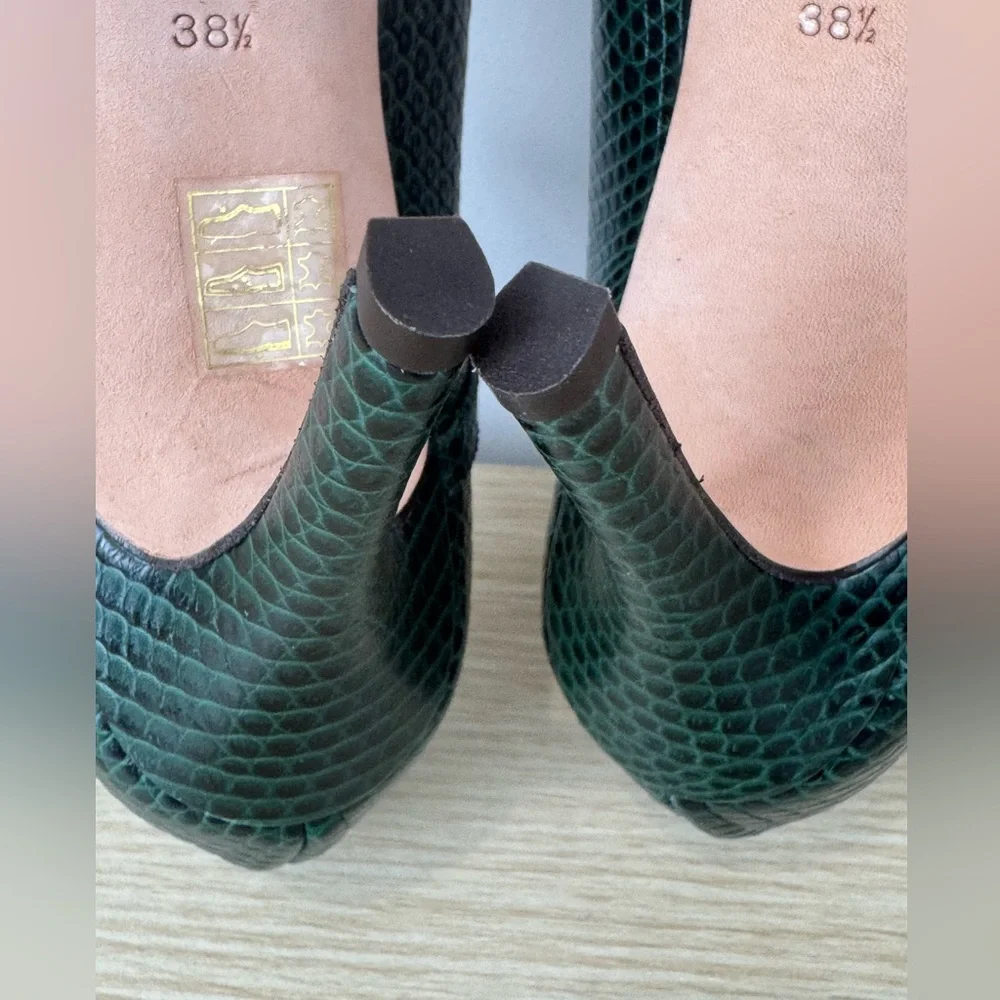 Vintage Daniele Ancarani Green Snake Embossed Heels Strap Buckle 38.5 Women's 8 - Picture 10 of 13